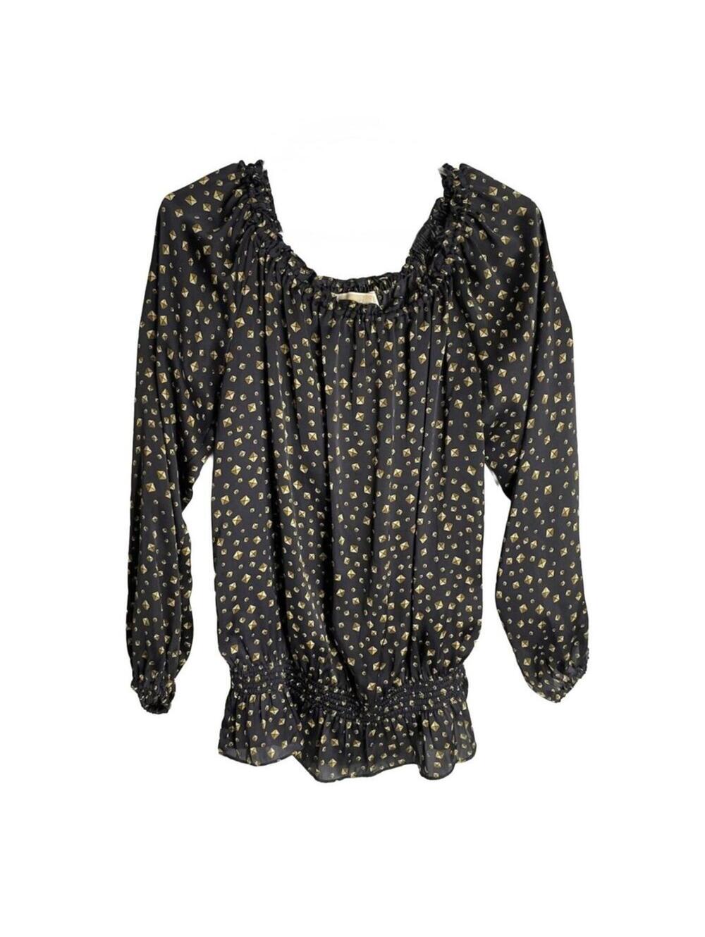 Michael Kors MK 3/4 Sleeve Satin Blouse Top Peplum Womens XL Black Gold